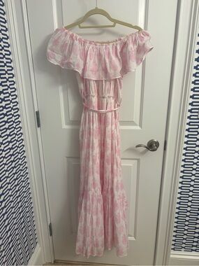 Off-Shoulder Pink Maxi Dress with Ruffle Neckline